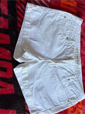 Express White Denim Short Shorts with Subtle Waist Embroidery